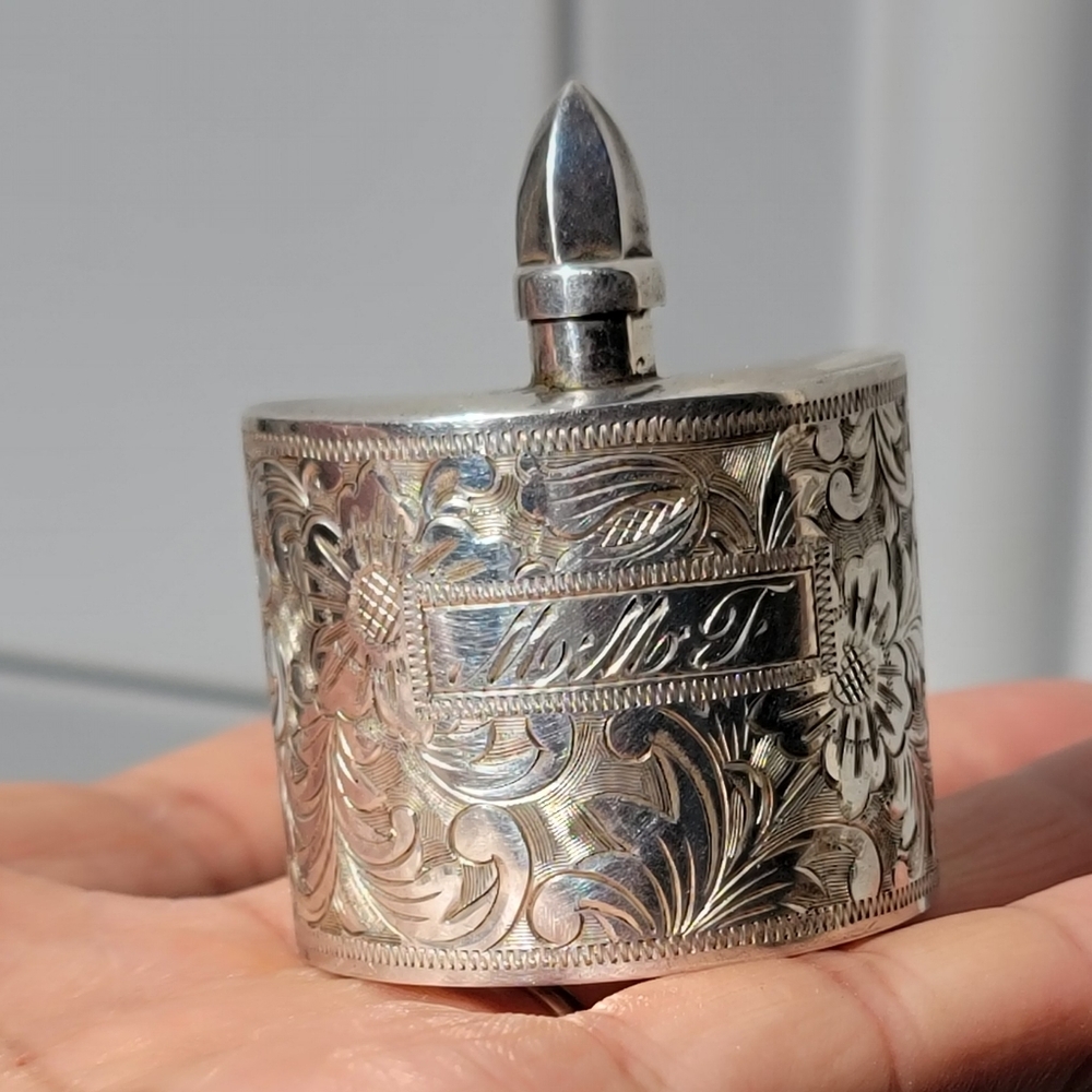 Vintage Japanese 950 sterling silver crescent shape perfume bottle engraved